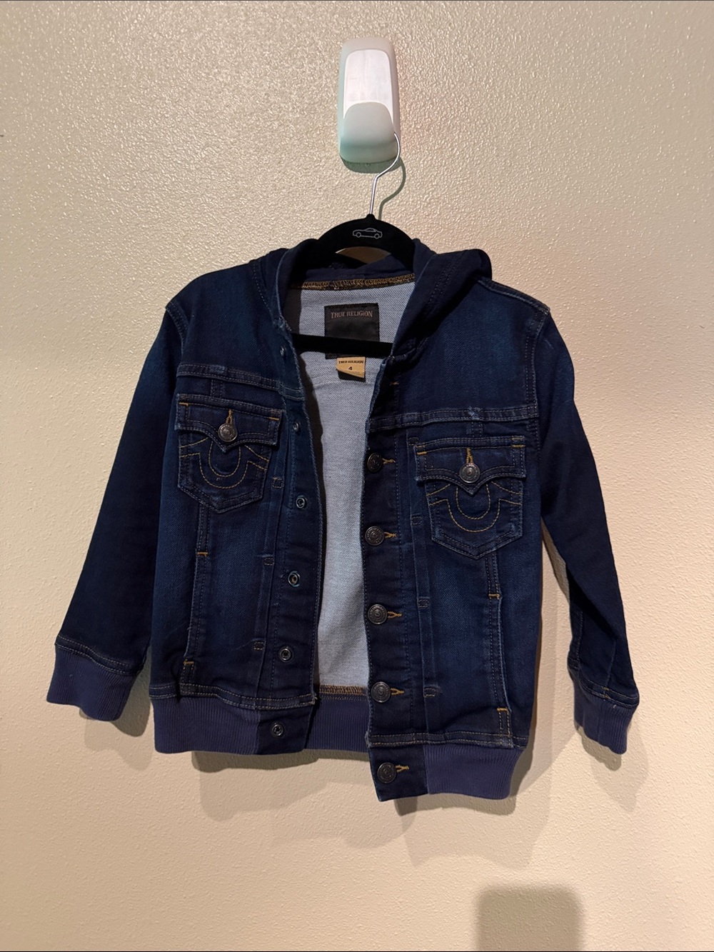 Size 4 True Religion Kids Navy Hooded Denim Jacket Gender Neutral